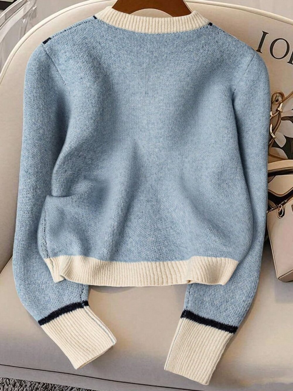Blue And White Casual Women's Contrast Color Round Neck Cardigan - Picture 2 of 5